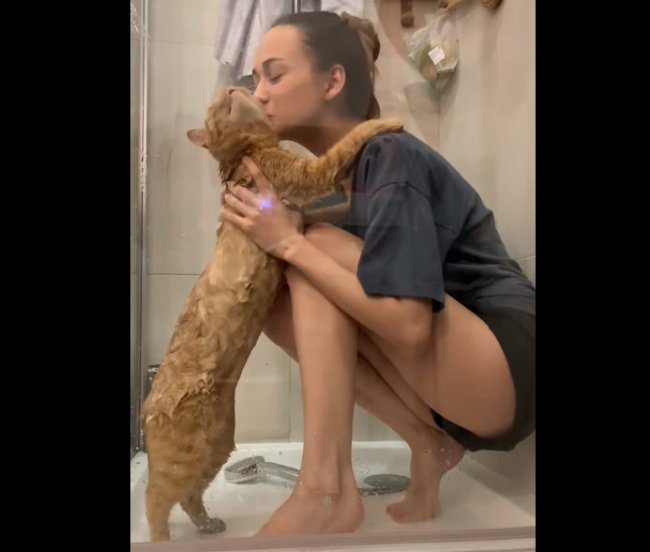 Кот привык принимать душ только в обнимку ?
